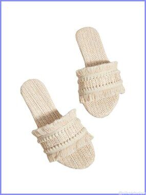 Women's Straw Crochet Open Toe Flat Slip On Sandals Fringe Tassel Slides